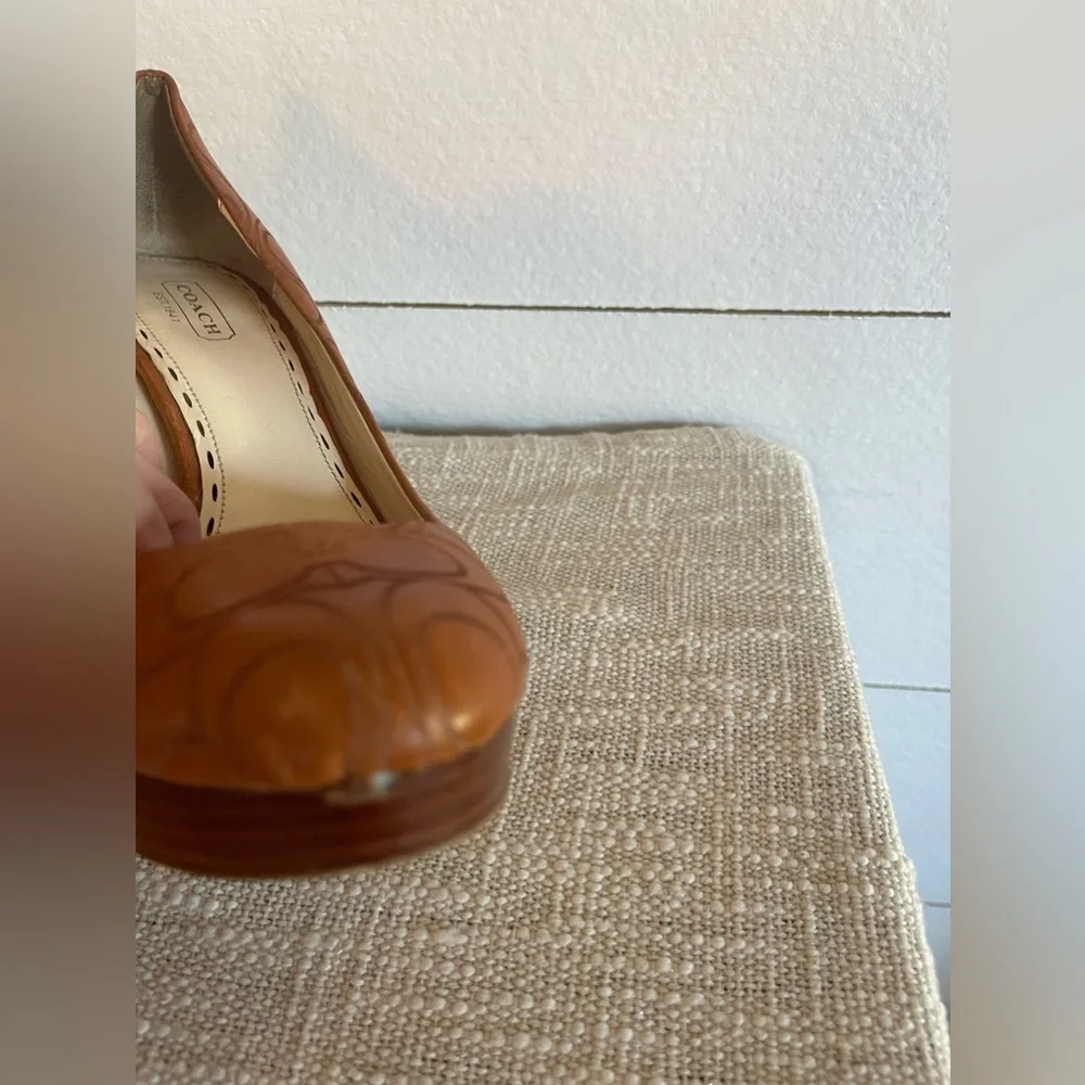 Coach C Logo Basil Veg Leather Whiskey Platform Heels Size 8.5